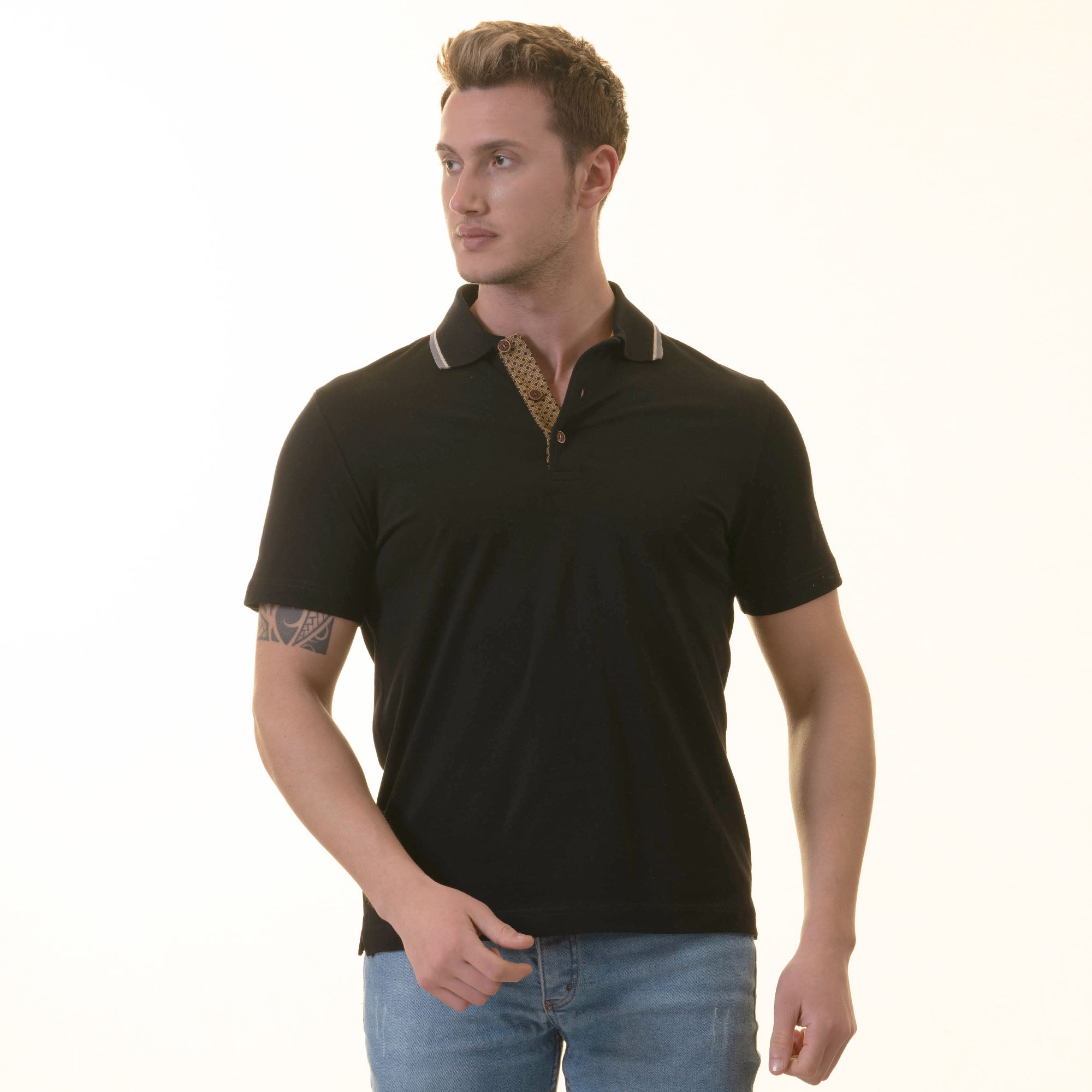 CEMP0389 Black inside Honeycomb Mens Slim Fit Polo Shirts - 100% Soft Cotton - Tailored Comfortable Fit - Image 1