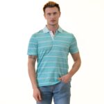 Turquoise Striped Mens Slim Fit Polo Shirts - 100% Soft Cotton - Tailored Comfortable Fit - Celino Corp.