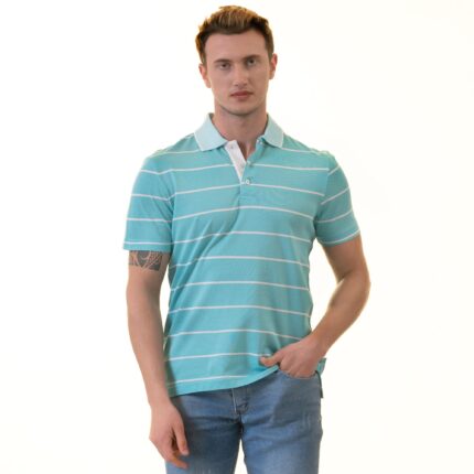Turquoise Striped Mens Slim Fit Polo Shirts - 100% Soft Cotton - Tailored Comfortable Fit - Celino Corp.