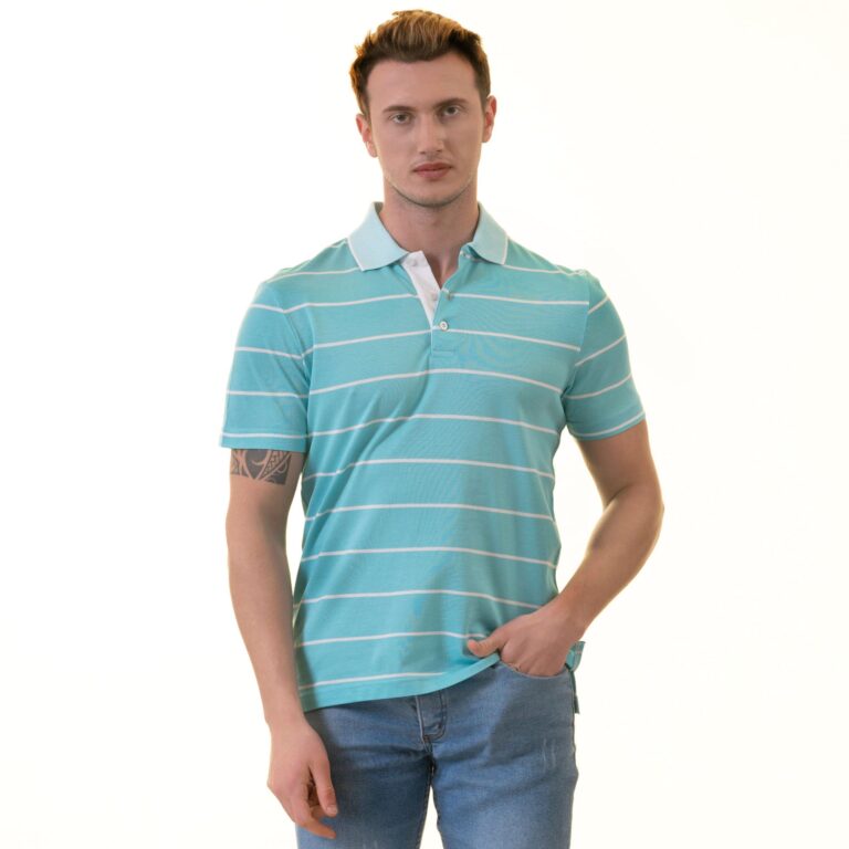 Turquoise Striped Mens Slim Fit Polo Shirts - 100% Soft Cotton - Tailored Comfortable Fit - Celino Corp.
