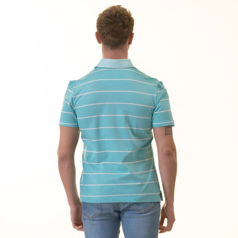 Turquoise Striped Mens Slim Fit Polo Shirts - 100% Soft Cotton - Tailored Comfortable Fit - Celino Corp.