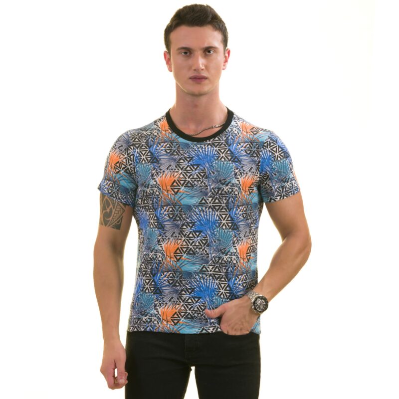 Orange Blue Leaves European Made Premium Quality T-Shirt - Crew Neck Short Sleeve T-Shirts - Celino Corp.