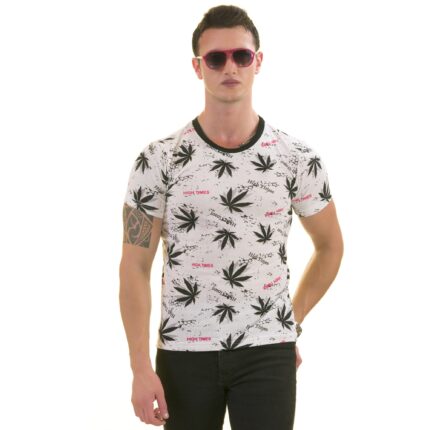Black Leaves Printed on White European Made Premium Quality T-Shirt - Crew Neck Short Sleeve T-Shirts - Celino Corp.