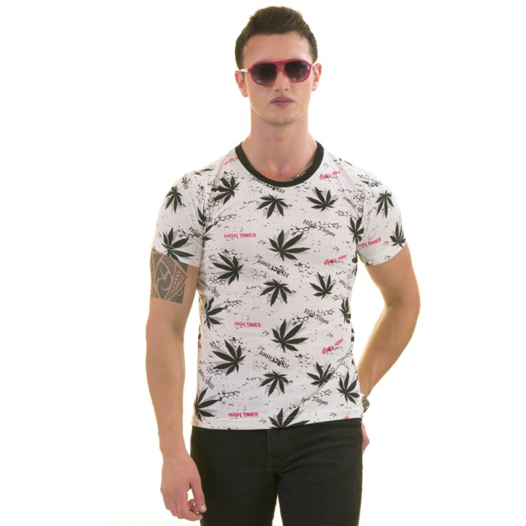 Black Leaves Printed on White European Made Premium Quality T-Shirt - Crew Neck Short Sleeve T-Shirts - Celino Corp.