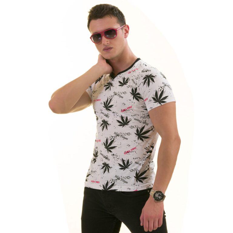 Black Leaves Printed on White European Made Premium Quality T-Shirt - Crew Neck Short Sleeve T-Shirts - Celino Corp.