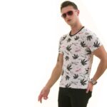 Black Leaves Printed on White European Made Premium Quality T-Shirt - Crew Neck Short Sleeve T-Shirts - Celino Corp.