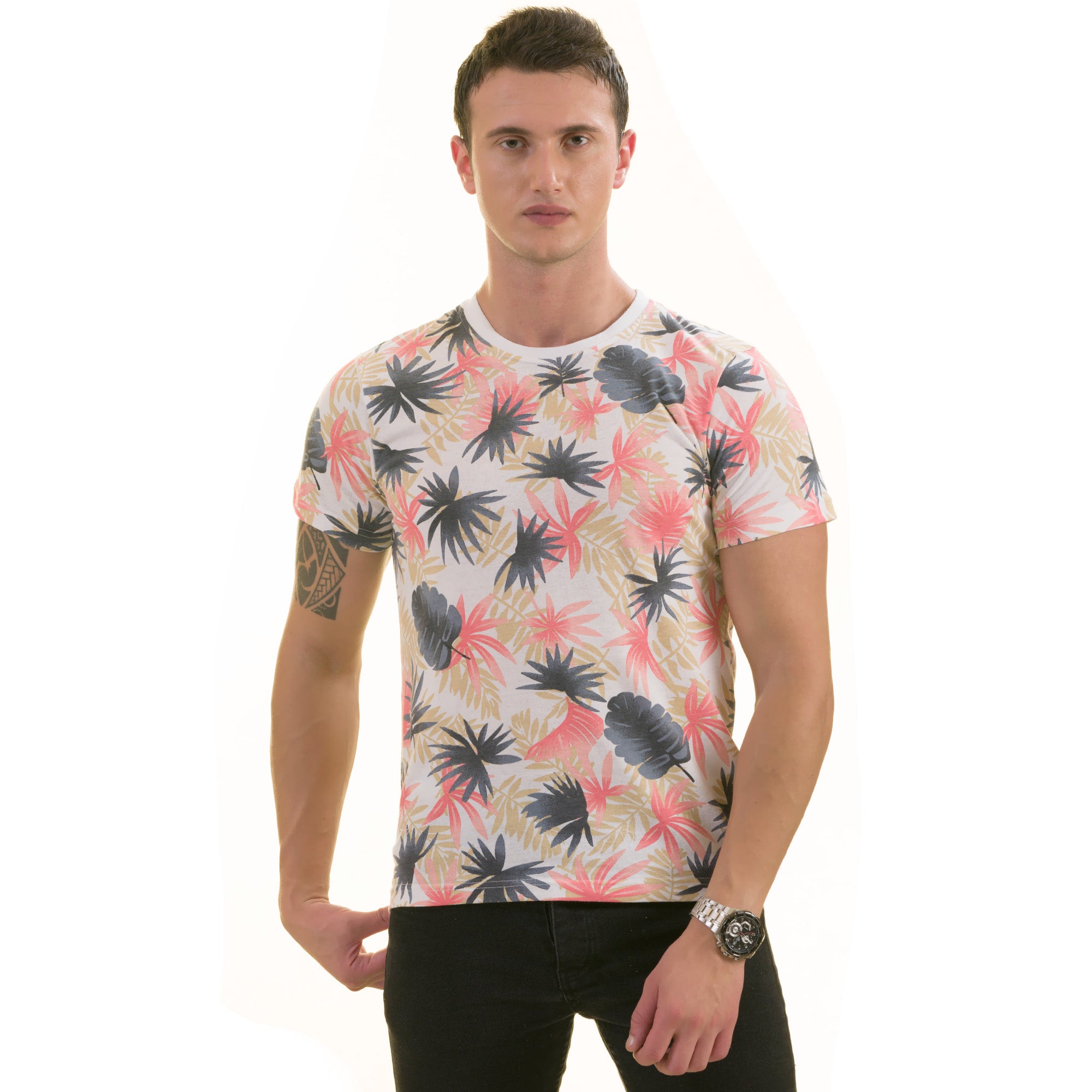 CEMT0233_2 Gray Beige Laves Hawaiian European Made Premium Quality T-Shirt - Crew Neck Short Sleeve T-Shirts - Image 1