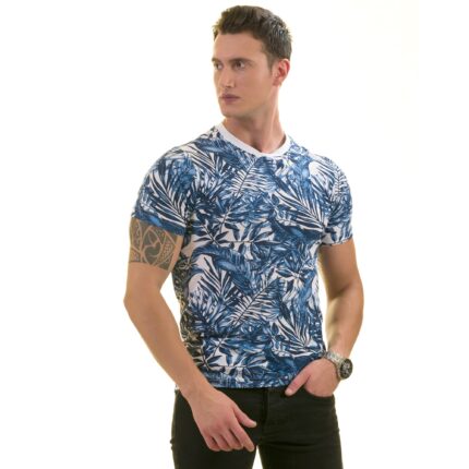 Blue and White Hawaiian European Made Premium Quality T-Shirt - Crew Neck Short Sleeve T-Shirts