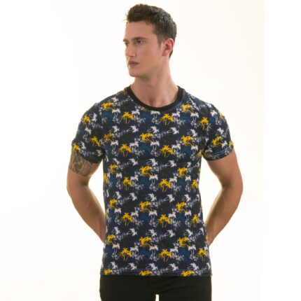 Navy with Palm Trees European Made Premium Quality T-Shirt - Crew Neck Short Sleeve T-Shirts
