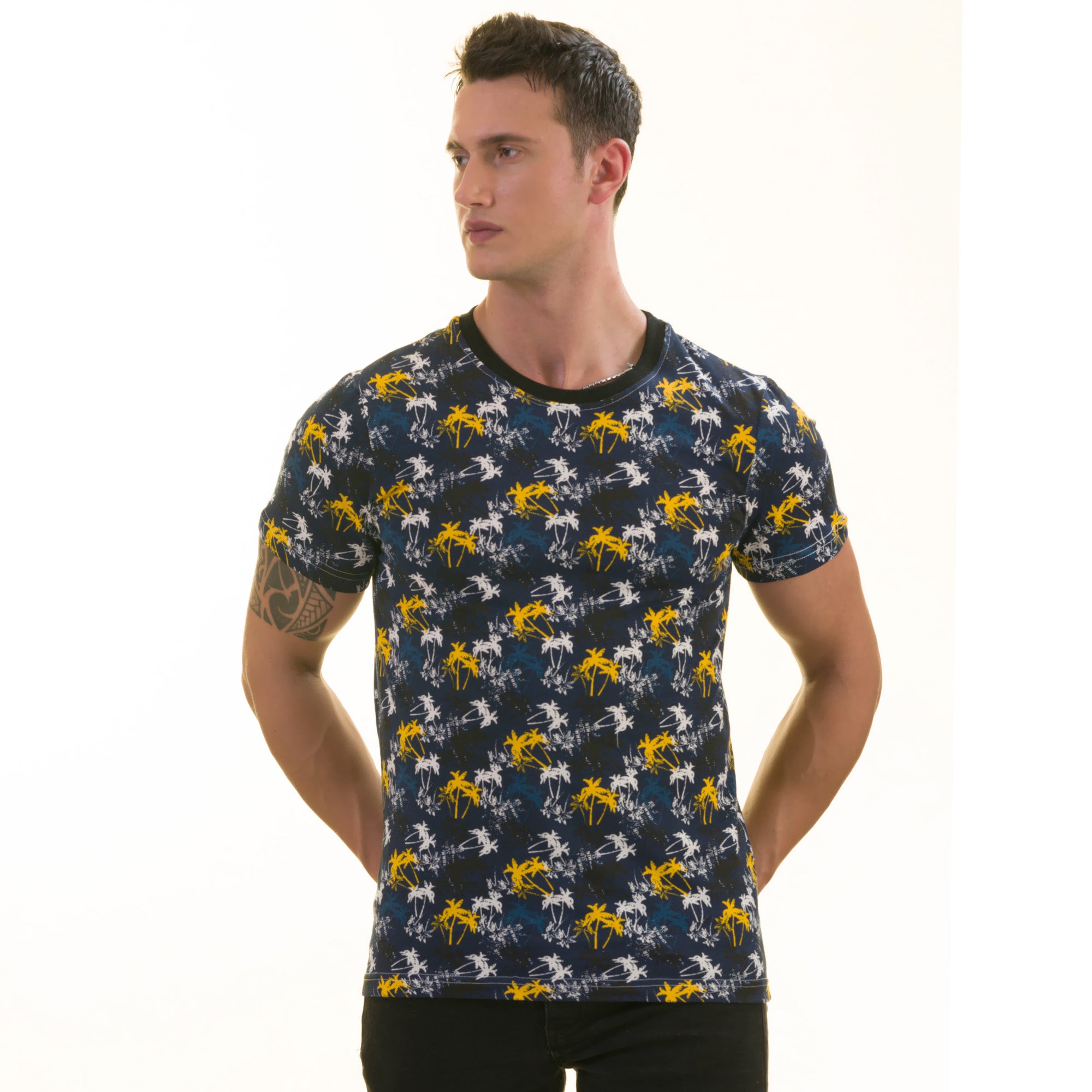 CEMT0237_2 Navy with Palm Trees European Made Premium Quality T-Shirt - Crew Neck Short Sleeve T-Shirts - Image 1