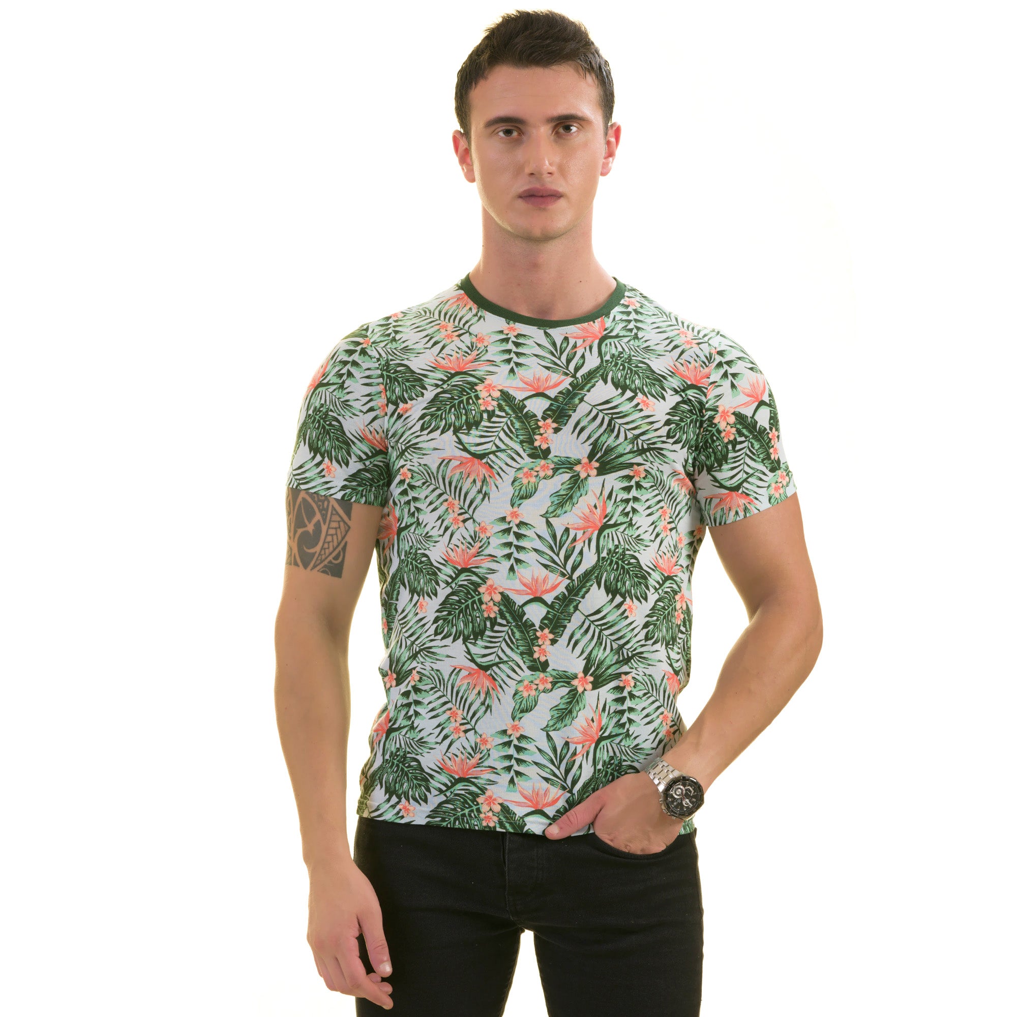 CEMT0242_1 Peach Floral Green Leaves T- Shirt | European Made Premium Quality - Crew Neck Short Sleeve T-Shirts - Image 1