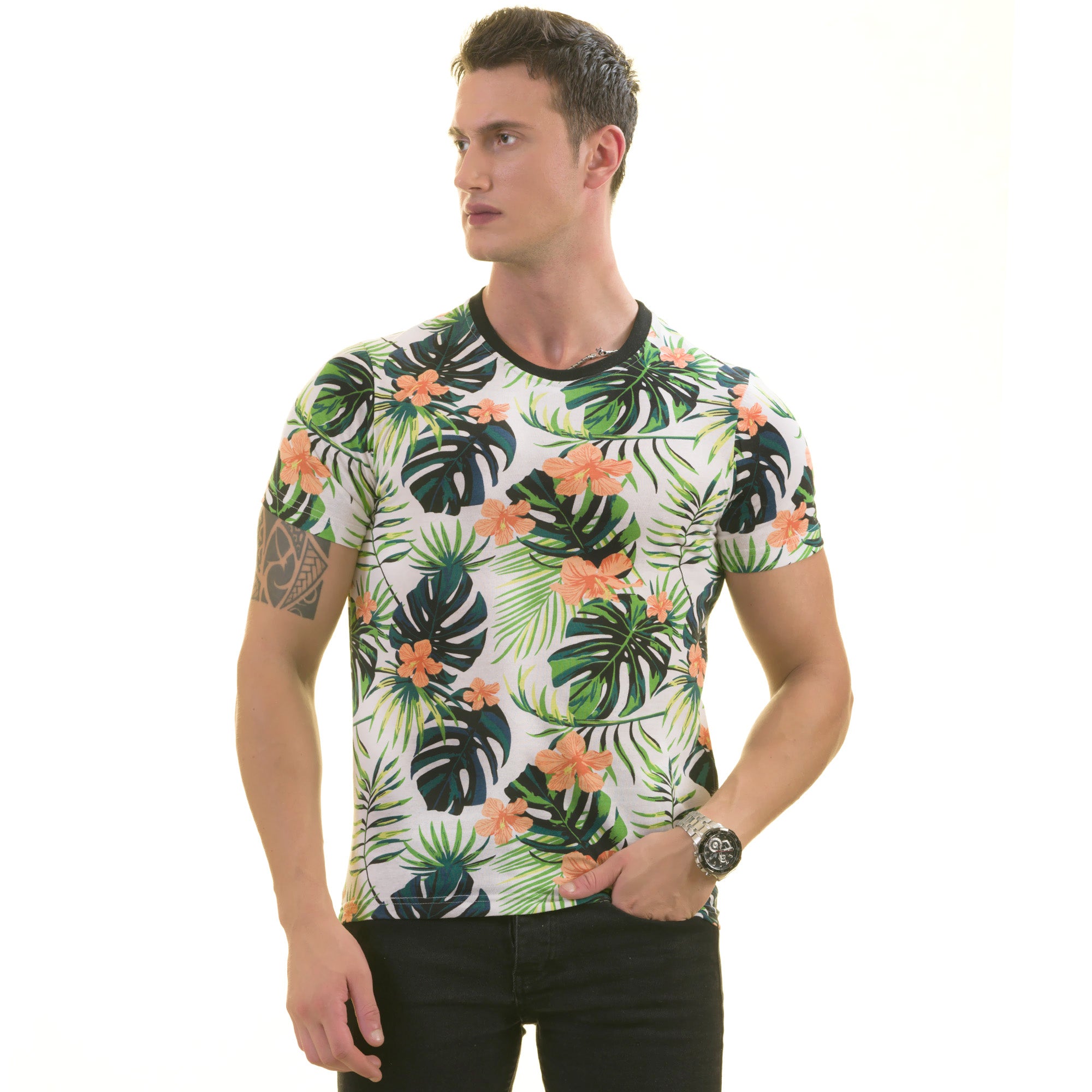 CEMT0244_1 Orange Floral with Leaves European Made Premium Quality T-Shirt - Crew Neck Short Sleeve T-Shirts - Image 1