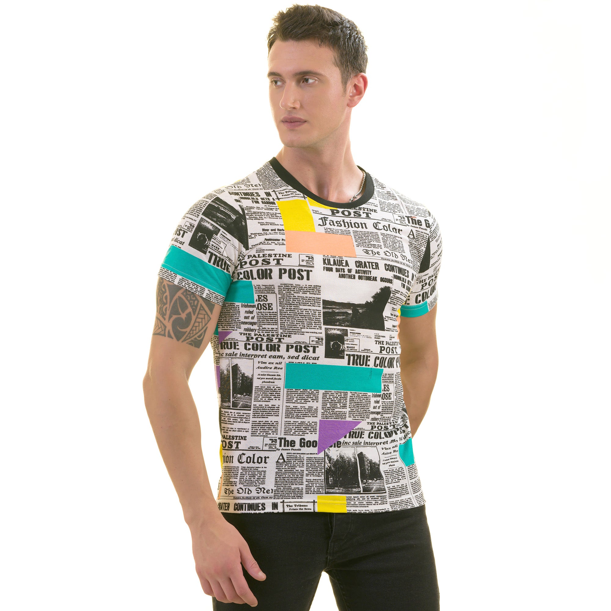 CEMT0245_1 Newspaper Printed White European Made Premium Quality T-Shirt - Crew Neck Short Sleeve T-Shirts - Image 1