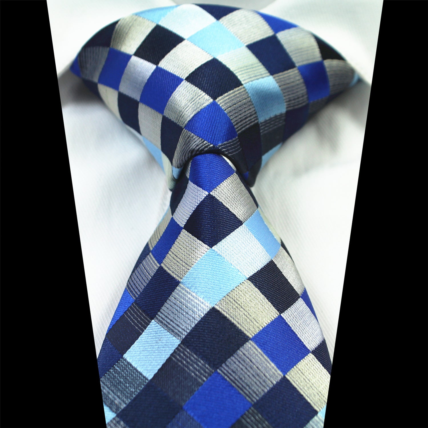 CENT015_1 Celino Blue Black Check 100% Woven Silk Tie for Men Necktie Premium Turkey Made - Image 1