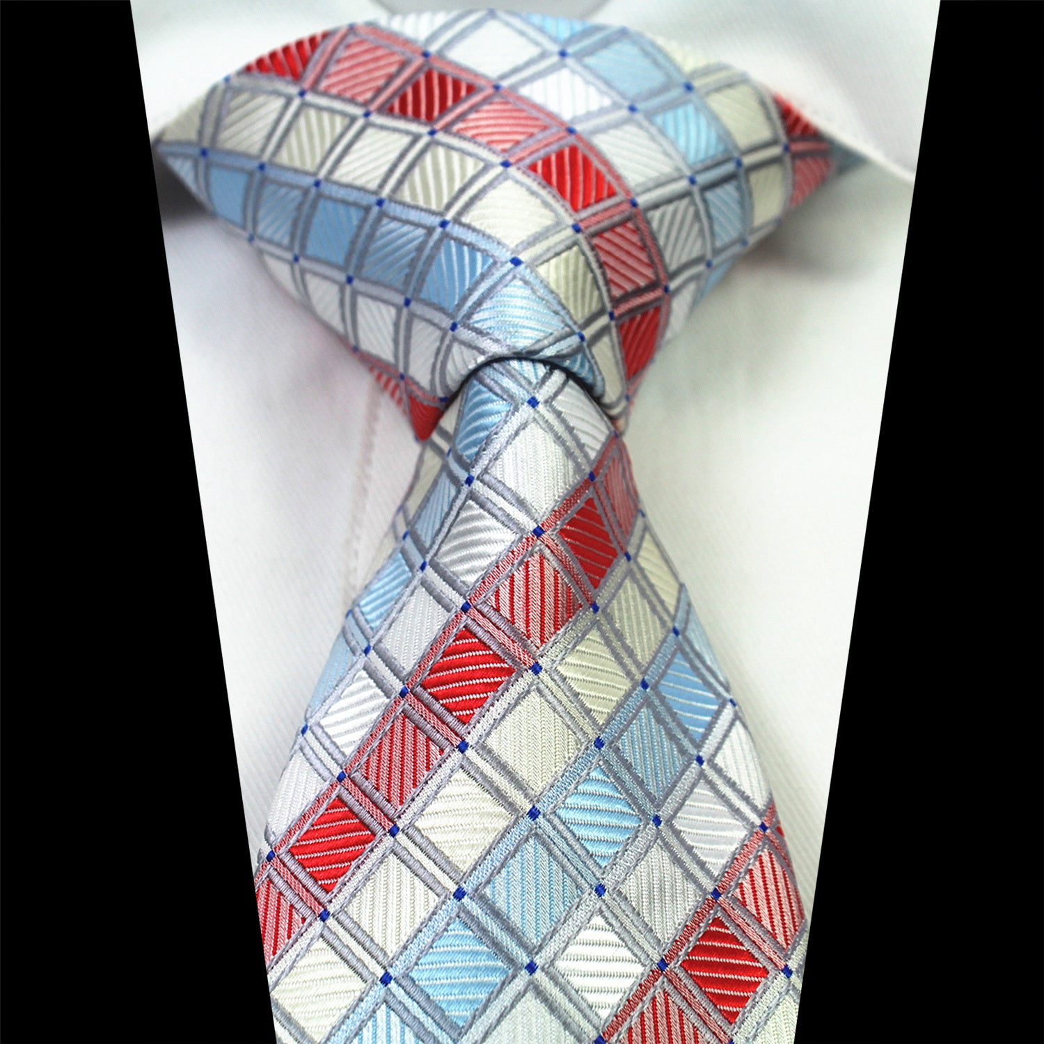 CENT036_1 Celino Turquoise Red White Squares 100% Woven Silk Men's Tie Necktie Turkey Made - Image 1