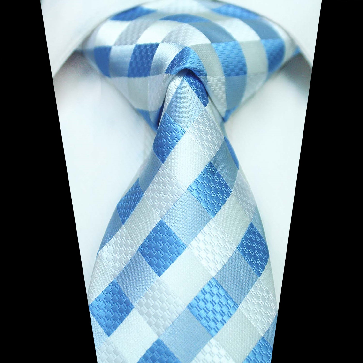 CENT111_1 Celino White Blue Check 100% Woven Silk Tie for Men Necktie Premium Turkey Made - Image 1