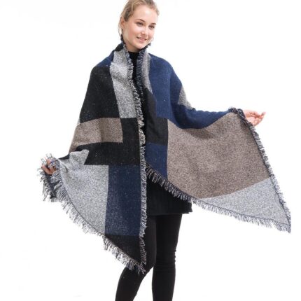 Women's Blue & Gray Winter Oversized Soft Warm Shawl Wrap Plaid Blanket Scarf - Celino Corp.