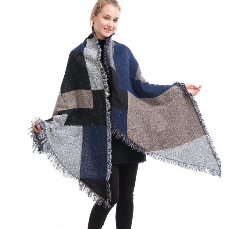 Women's Blue & Gray Winter Oversized Soft Warm Shawl Wrap Plaid Blanket Scarf - Celino Corp.