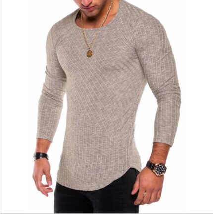 Light Brown Soft Cotton Slim Fit T-Shirts for Men - O Neck Long Sleeve Tee Shirts