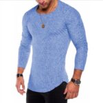 Light Blue Soft Cotton Slim Fit T-Shirts for Men - Round Neck Long Sleeve Tee Shirts