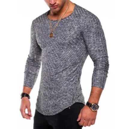 Grey Soft Cotton Slim Fit T-Shirts for Men - Round Neck Long Sleeve Tee Shirts