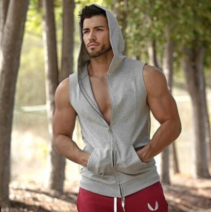 Light Grey Soft Cotton Slim Fit T-Shirts for Men - Hoodie Sleeveless Tee Shirts