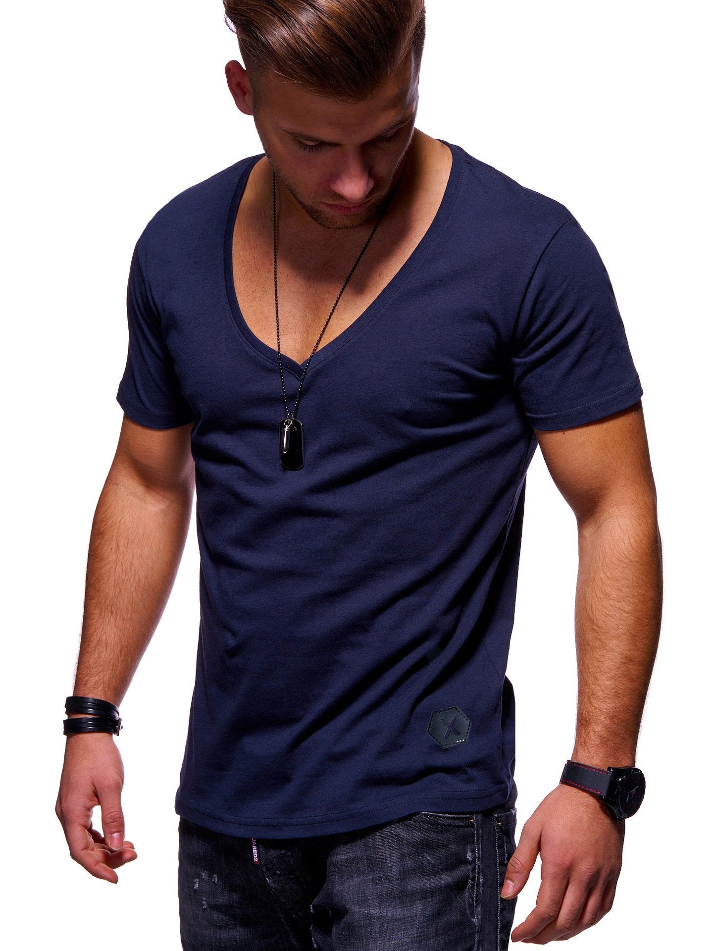 CESH018 Navy Blue Soft Cotton Slim Fit T-Shirts for Men - V Neck Short Sleeve Tee Shirts - Image 1