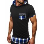 Black Blue Plaid Soft Cotton Slim Fit T-Shirts for Men - Hoodie Short Sleeve Tee Shirts with Pocket