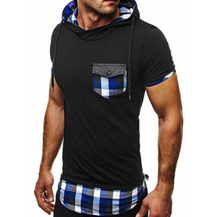 Black Blue Plaid Soft Cotton Slim Fit T-Shirts for Men - Hoodie Short Sleeve Tee Shirts with Pocket