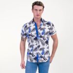 Blue White Tropical Short Sleeve Button up Shirts for Men - Tailored Slim Fit Cotton Dress Shirts - Celino Corp.