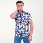 Blue White Tropical Short Sleeve Button up Shirts for Men - Tailored Slim Fit Cotton Dress Shirts - Celino Corp.