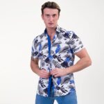 Blue White Tropical Short Sleeve Button up Shirts for Men - Tailored Slim Fit Cotton Dress Shirts - Celino Corp.
