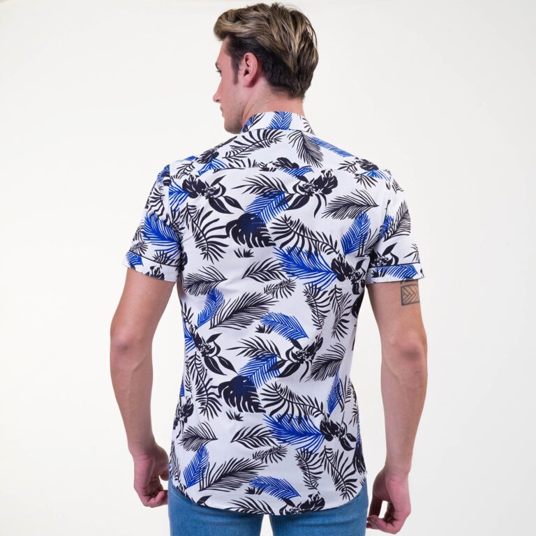 Blue White Tropical Short Sleeve Button up Shirts for Men - Tailored Slim Fit Cotton Dress Shirts - Celino Corp.