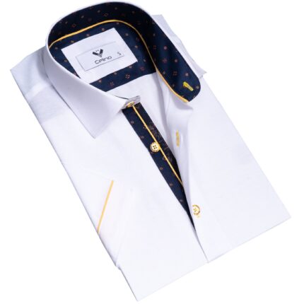 White with Blue and Yellow Short Sleeve Button up Shirts for Men - Tailored Slim Fit Cotton Dress Shirts - Celino Corp.