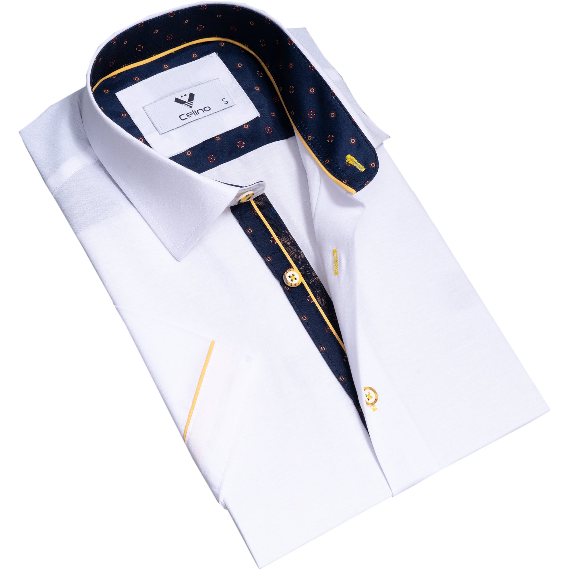 CESS1103 White with Blue and Yellow Short Sleeve Button up Shirts for Men - Tailored Slim Fit Cotton Dress Shirts - Celino Corp.