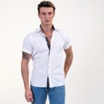 White with Blue and Yellow Short Sleeve Button up Shirts for Men - Tailored Slim Fit Cotton Dress Shirts - Celino Corp.