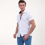 White with Blue and Yellow Short Sleeve Button up Shirts for Men - Tailored Slim Fit Cotton Dress Shirts - Celino Corp.
