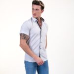 White with Blue and Yellow Short Sleeve Button up Shirts for Men - Tailored Slim Fit Cotton Dress Shirts - Celino Corp.