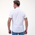 White with Blue and Yellow Short Sleeve Button up Shirts for Men - Tailored Slim Fit Cotton Dress Shirts - Celino Corp.