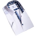 Bright White With Blue Short Sleeve Button up Shirts for Men - Tailored Slim Fit Cotton Dress Shirts