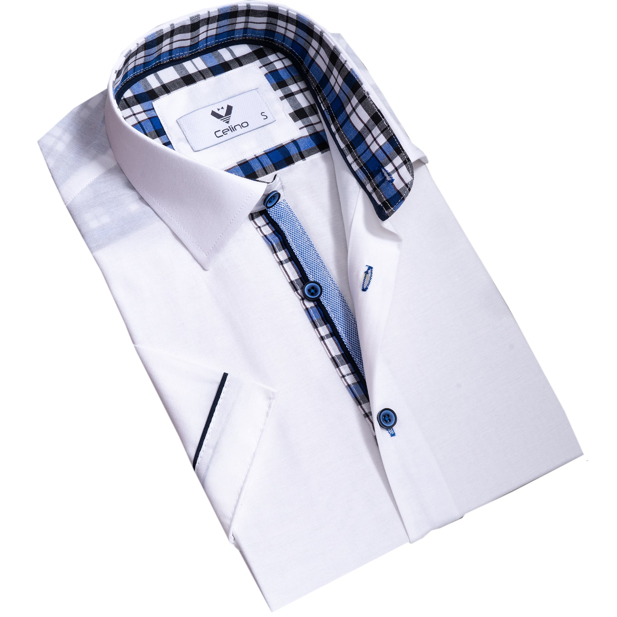CESS1104 Bright White With Blue Short Sleeve Button up Shirts for Men - Tailored Slim Fit Cotton Dress Shirts - Image 1