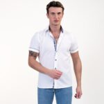 Bright White With Blue Short Sleeve Button up Shirts for Men - Tailored Slim Fit Cotton Dress Shirts - Image 2