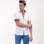 Bright White With Blue Short Sleeve Button up Shirts for Men - Tailored Slim Fit Cotton Dress Shirts - Image 3