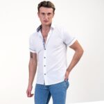 Bright White With Blue Short Sleeve Button up Shirts for Men - Tailored Slim Fit Cotton Dress Shirts - Image 4