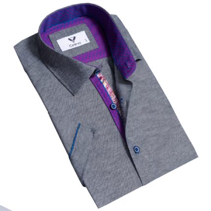 Grey With Purple Short Sleeve Button up Shirts for Men - Tailored Slim Fit Cotton Dress Shirts