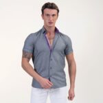 Grey With Purple Short Sleeve Button up Shirts for Men - Tailored Slim Fit Cotton Dress Shirts - Image 2