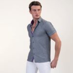 Grey With Purple Short Sleeve Button up Shirts for Men - Tailored Slim Fit Cotton Dress Shirts - Image 3