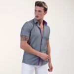 Grey With Purple Short Sleeve Button up Shirts for Men - Tailored Slim Fit Cotton Dress Shirts - Image 4