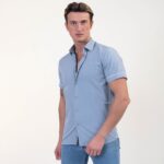 Blue With White Dots Short Sleeve Button up Shirts for Men - Tailored Slim Fit Cotton Dress Shirts - Image 2