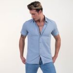 Blue With White Dots Short Sleeve Button up Shirts for Men - Tailored Slim Fit Cotton Dress Shirts - Image 4